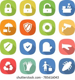 flat vector icon set - lock vector, unlock, customs control, insurance, shield, lifebuoy, surveillance camera, cook glove, recycling, gloves, garbage bin, bug