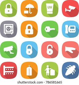 flat vector icon set - lock vector, insurance, uv cream, surveillance, safe, locked, key, intercome, camera, unlock, cook glove, watering, dry wash, garbage bin, bug