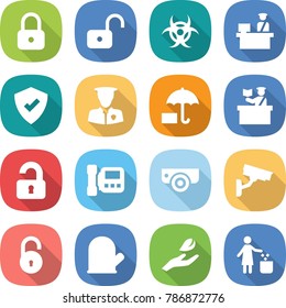flat vector icon set - lock vector, unlock, biohazard, customs control, protected, security man, insurance, inspector, unlocked, intercome, surveillance camera, cook glove, hand leaf, garbage bin