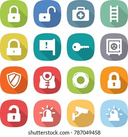 flat vector icon set - lock vector, unlock, doctor case, ladder, important flag, key, safe, shield, life vest, lifebuoy, locked, unlocked, alarm, surveillance camera, siren