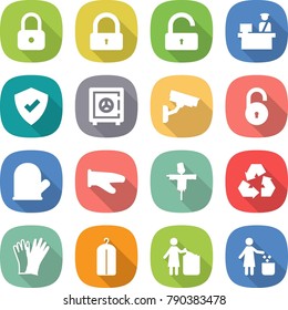 flat vector icon set - lock vector, unlock, customs control, protected, safe, surveillance camera, cook glove, scarecrow, recycling, gloves, dry wash, garbage bin