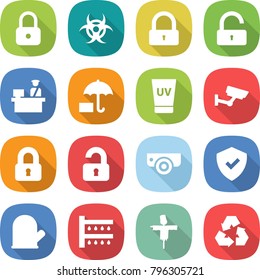 flat vector icon set - lock vector, biohazard, unlock, customs control, insurance, uv cream, surveillance, locked, unlocked, camera, shield, cook glove, watering, scarecrow, recycling