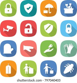 flat vector icon set - lock vector, protected, insurance, inspector, surveillance, unlocked, shield, cook glove, hand leaf, gloves, dry wash, garbage bin, bug