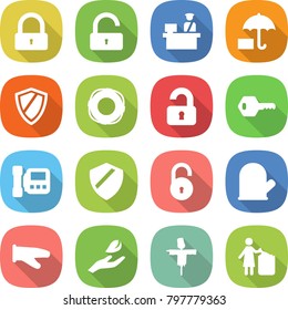 flat vector icon set - lock vector, unlock, customs control,, shield, lifebuoy, unlocked, key, intercome, cook glove, hand leaf, scarecrow, garbage bin