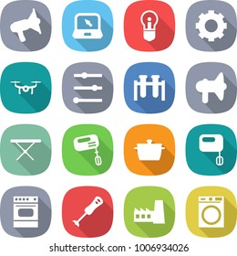 flat vector icon set - loudspeaker vector, notebook, bulb, gear, drone, equalizer, test vial, iron board, mixer, pan, oven, blender, factory, washing machine