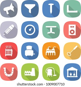 flat vector icon set - loudspeaker vector, funnel, nail, ruler, pencil, barometer, table, speaker, radiator, toaster, factory, whisk, horseshoe, vacuum cleaner, utility room