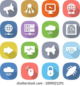 flat vector icon set - loudspeaker vector, share, monitor arrow, notebook globe, connect, server, cloud wireless, fingerprint, right, pulse, surveillance camera, service, mouse, lock, bug
