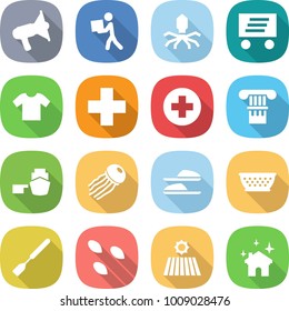 flat vector icon set - loudspeaker vector, courier, virus, delivery, t shirt, medical cross, column, port, jellyfish, slippers, colander, spatula, seeds, field, house cleaning