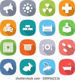 flat vector icon set - loudspeaker vector, round around, nuclear, medical cross, modern architecture, block wall, gothic, package, cpu, colander, fork spoon plate, seeds, horse, rabbit, wasp, bath