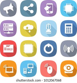 flat vector icon set - loudspeaker vector, share, touch, chip, server, cloud service, crystall memory, calculator, invoice, cpu, on off button, antenna, laptop wifi, data transfer, wireless mouse