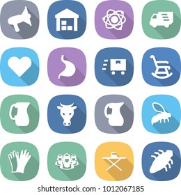 flat vector icon set - loudspeaker vector, warehouse, atom, delivery, heart, stomach, fast deliver, rocking chair, jug, cow, wasp, gloves, outsource, iron board, bug