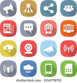 flat vector icon set - loudspeaker vector, share, group, newspaper, message, notebook globe, server, cloud service, web cam, wireless, antenna, phone, sim card