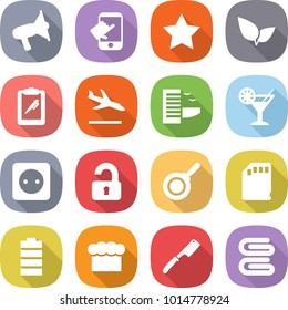 flat vector icon set - loudspeaker vector, touch, star, leafs, clipboard pen, arrival, hotel, cocktail, power socket, unlocked, pan, sd card, battery, chief hat, chef knife, towel