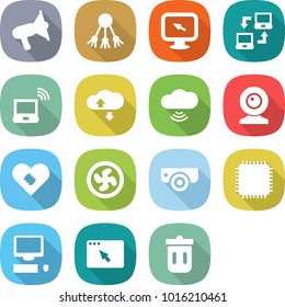 flat vector icon set - loudspeaker vector, share, monitor arrow, notebook connect, wireless, cloud service, web cam, pacemaker, cooler fan, surveillance camera, cpu, computer, browser window