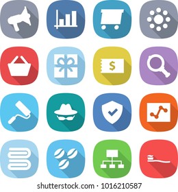 flat vector icon set - loudspeaker vector, graph, delivery, round around, basket, gift, receipt, magnifier, repair, confidential, shield, analytics, towel, coffee seeds, hierarchy, tooth brush