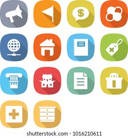 flat vector icon set - loudspeaker vector, flag, money message, atom core, globe connect, home, copybook, medical label, column, japanese house, document, hi quality package, first aid