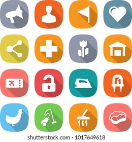flat vector icon set - loudspeaker vector, man, flag, heart, molecule, medical cross, perishable, warehouse, ticket, unlocked, iron, led, chicken, vacuum cleaner, sponge with foam