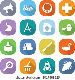 flat vector icon set - loudspeaker vector, sale, necklace, medical cross, stomach, draw compass, smart house, port, package, pipes, spatula, goose, viruses, vacuum cleaner, bug