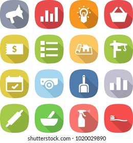 flat vector icon set - loudspeaker vector, graph, bulb, basket, receipt, list, project, tower crane, terms, surveillance camera, scoop, chart, rolling pin, mortar, sprayer, tooth brush