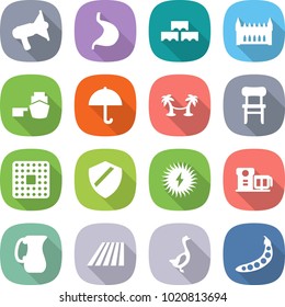 flat vector icon set - loudspeaker vector, stomach, block wall, gothic architecture, port, dry cargo, palm hammock, chair, cpu, shield, solar power, food processor, jug, field, goose, peas