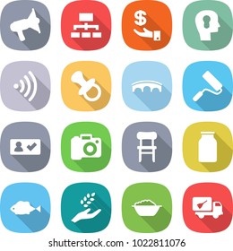 flat vector icon set - loudspeaker vector, hierarchy, investment, bulb head, wireless, nipple, bridge, repair, check in, camera, chair, bank, fish, harvest, foam basin, home call cleaning