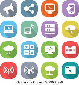 flat vector icon set - loudspeaker vector, share, monitor arrow, touch, notebook, wireless, server, cloud service, calculator, pulse, invoice, antenna, browser window
