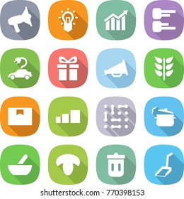 flat vector icon set - loudspeaker vector, bulb, diagram, electric car, gift, spikelets, package box, sorting, circuit, steam pan, mortar, mushroom, trash bin, scoop