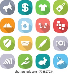 flat vector icon set - loudspeaker vector, dollar, t shirt, medical label, pyramid, smart house, palm hammock, blocks, shield, colander, rolling pin, fork spoon plate, field, hand leaf, rabbit, wasp