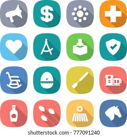flat vector icon set - loudspeaker vector, dollar, round around, medical cross, heart, draw compass, package, protected, rocking chair, egg timer, spatula, food processor, ketchup, seeds, field