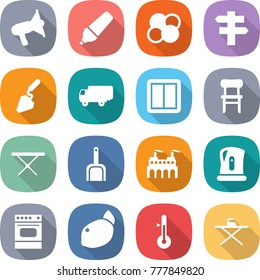 flat vector icon set - loudspeaker vector, marker, atom core, singlepost, construction, shipping, power switch, chair, iron board, scoop, factory, kettle, oven, lemon, thermometer