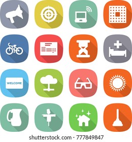flat vector icon set - loudspeaker vector, target, notebook wireless, cpu, bike, invoice, sand clock, hospital, welcome mat, cloud, 3d glasses, gas oven, jug, scarecrow, house cleaning, plunger