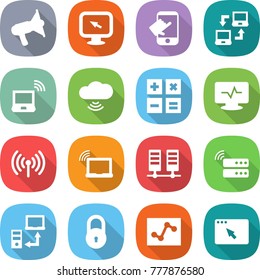 flat vector icon set - loudspeaker vector, monitor arrow, touch, notebook connect, wireless, cloud, calculator, pulse, laptop wifi, server, data transfer, lock, analytics, browser window