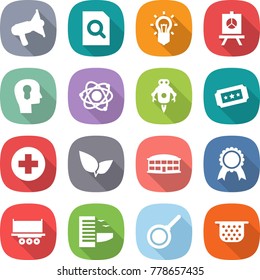 flat vector icon set - loudspeaker vector, search document, bulb, presentation, head, atom, jet robot, ticket, medical cross, leafs, airport building, medal, truck shipping, hotel, pan, colander