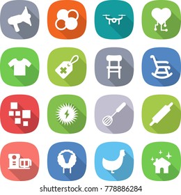 flat vector icon set - loudspeaker vector, atom core, drone, cardio chip, t shirt, medical label, chair, rocking, blocks, solar power, whisk, rolling pin, food processor, sheep, chicken