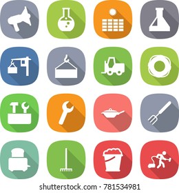flat vector icon set - loudspeaker vector, round flask, sun power, loading, crane, fork loader, lifebuoy, repair tools, wrench, pan, big, toaster, rake, foam bucket, vacuum cleaner