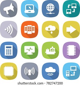 flat vector icon set - loudspeaker vector, notebook, globe connect, wireless, server, cloud service, right arrow, calculator, monitor pulse, baggage checking, chip, cpu, antenna, data transfer