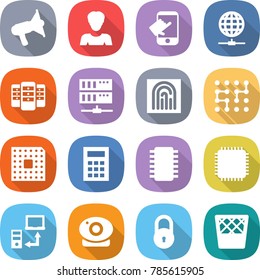 flat vector icon set - loudspeaker vector, woman, touch, globe connect, server, fingerprint, chip, cpu, calculator, data transfer, web camera, lock, trash bin