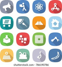 flat vector icon set - loudspeaker vector, courier, atom, spinner, delivery, sperm, pyramid, smart house, package, blocks, cpu, robot hand, field, harvester, goose, peas