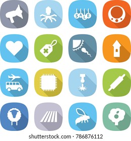 flat vector icon set - loudspeaker vector, virus, sale, necklace, heart, medical label, sperm, tower, transfer, cpu, laser, rolling pin, sheep, field, wasp, garden