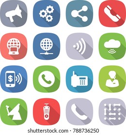 flat vector icon set - loudspeaker vector, gear, share, phone, notebook globe, connect, wireless, cloud, pay, support manager, satellite antenna, remote control, circuit