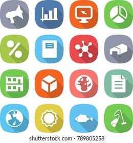 flat vector icon set - loudspeaker vector, graph, monitor arrow, diagram, percent, copybook, virus, warehouse, modular house, 3d, globe, document, earth, induction oven, fish, vacuum cleaner