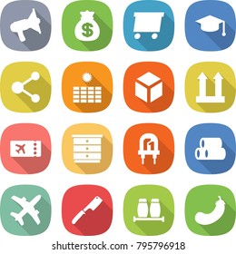 flat vector icon set - loudspeaker vector, money bag, delivery, graduate hat, molecule, sun power, 3d, cargo top sign, ticket, chest of drawers, led, pipes, plane, chef knife, salt pepper, eggplant