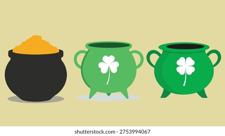 Flat vector icon set of a lucky clover cauldron inspired by Irish folklore and St. Patrick’s Day celebration. The design features a pot of gold with shamrock clovers, perfect for holiday graphics, festive decorations, greeting cards, posters, and Irish themed designs.