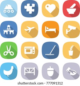 flat vector icon set - lunar rover vector, puzzle, heart, mortar, fort, plane, bed, surveillance camera, scissors, grill oven, rake, seedling, chicken, farm fence, acorn, wiping