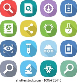flat vector icon set - magnifier vector, search document, target audience, clipboard, annual report, molecule, hex, round flask, eye identity, vial, lunar rover, microscope, biohazard