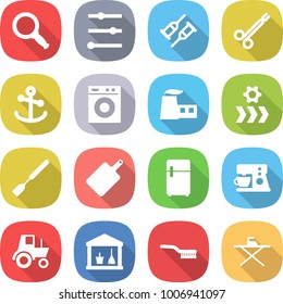flat vector icon set - magnifier vector, equalizer, crutch, surgical clamp, anchor, washing machine, factory, conveyor, spatula, cutting board, fridge, coffee maker, tractor, utility room, brush