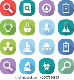 flat vector icon set - magnifier vector, search document, target audience, clipboard, hex molecule, round flask, virus, nuclear, microscope, lunar rover, biohazard