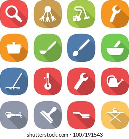 flat vector icon set - magnifier vector, share, vacuum cleaner, wrench, pan, ladle, big spoon, mortar, rake, thermometer, watering can, blower, scraper, brush, iron board