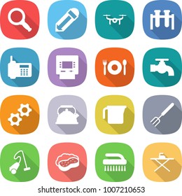 flat vector icon set - magnifier vector, pencil, drone, test vial, phone, atm, cafe, water tap, gears, kettle, measuring cup, big fork, vacuum cleaner, sponge with foam, brush, iron board