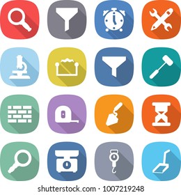 flat vector icon set - magnifier vector, funnel, alarm clock, pencil wrench, microscope, electrostatic, doctors hammer, brick wall, measuring tape, construction, sand, kitchen scales, handle, scoop